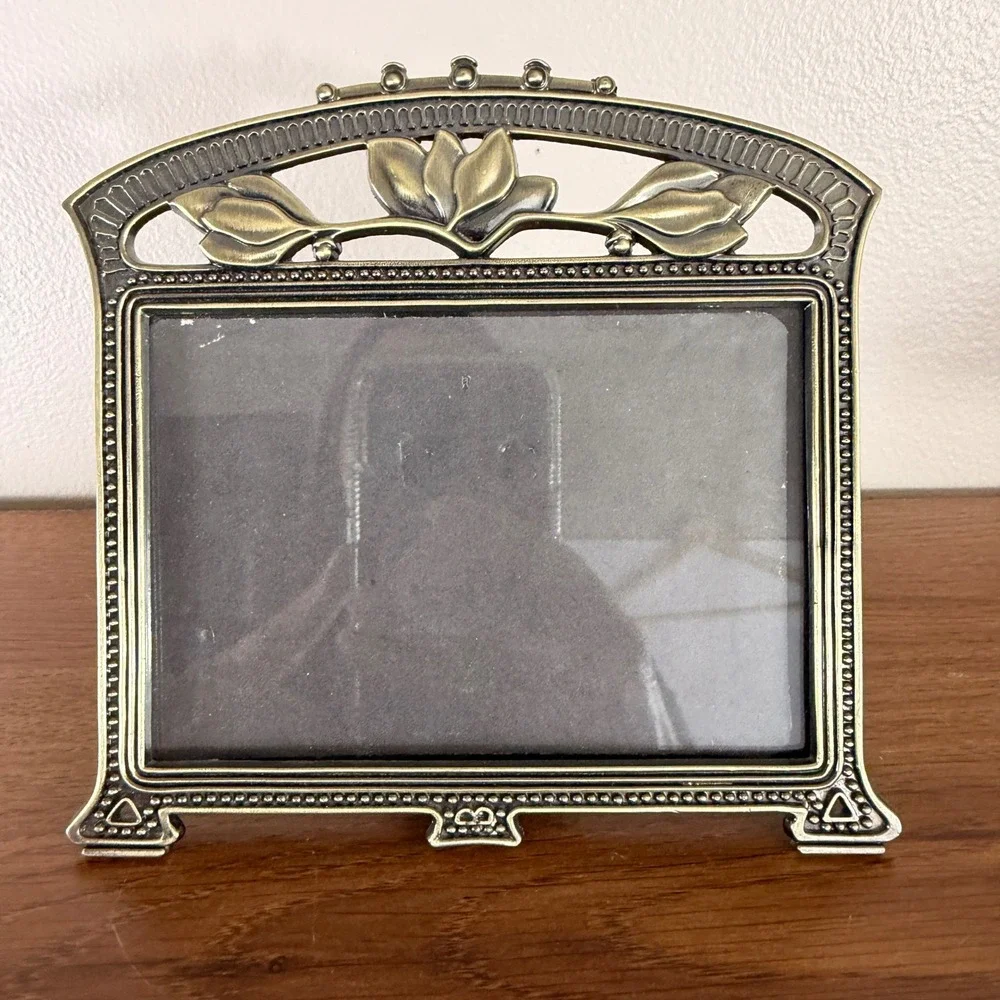 Vintage Art Nouveau Picture Frame Brass Tone Floral Magnolia Hollywood Regency